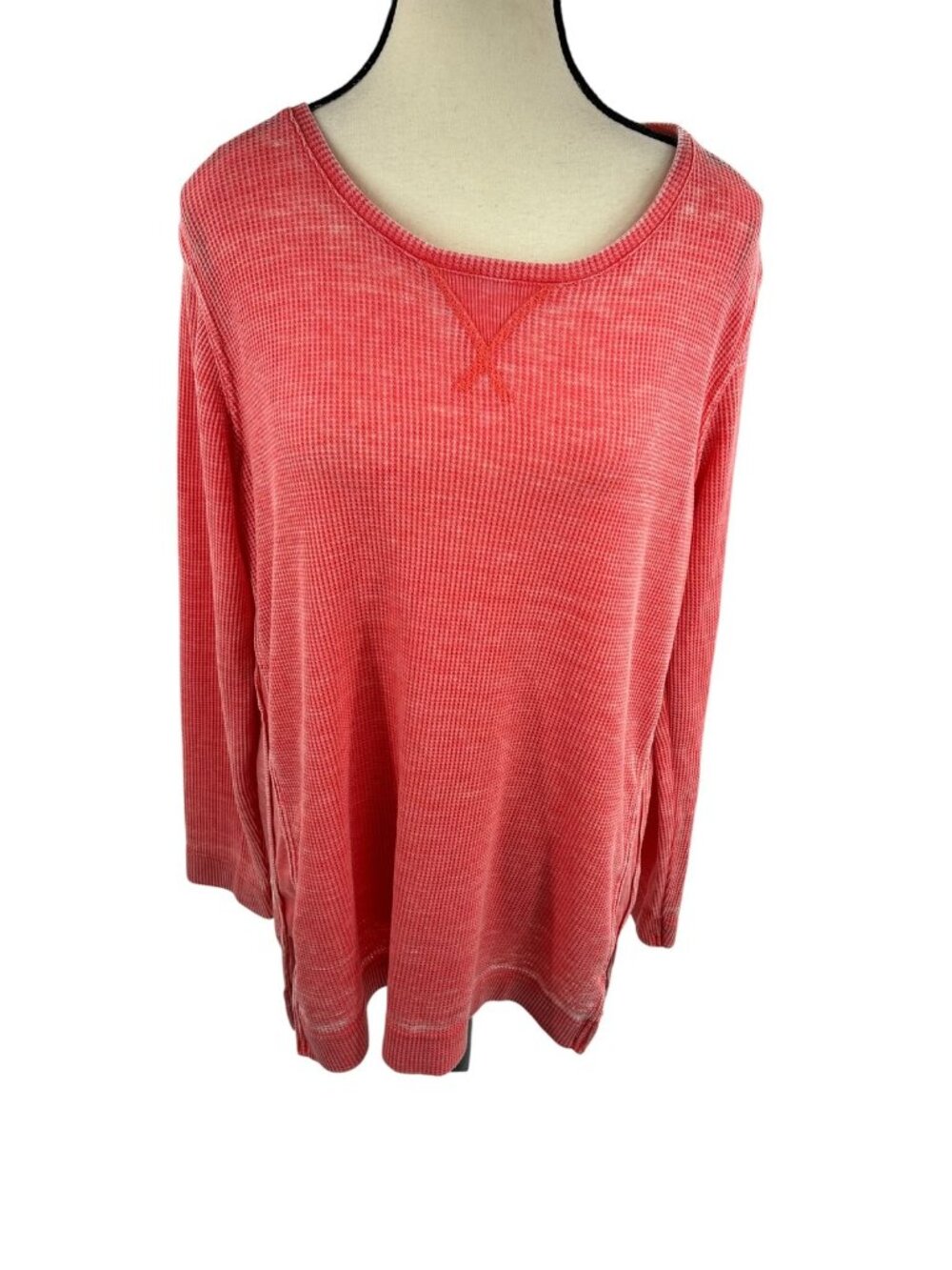 GreenTea Womens Large Coral Thermal Waffle Knit Long Sleeve Top Shirt Pullover